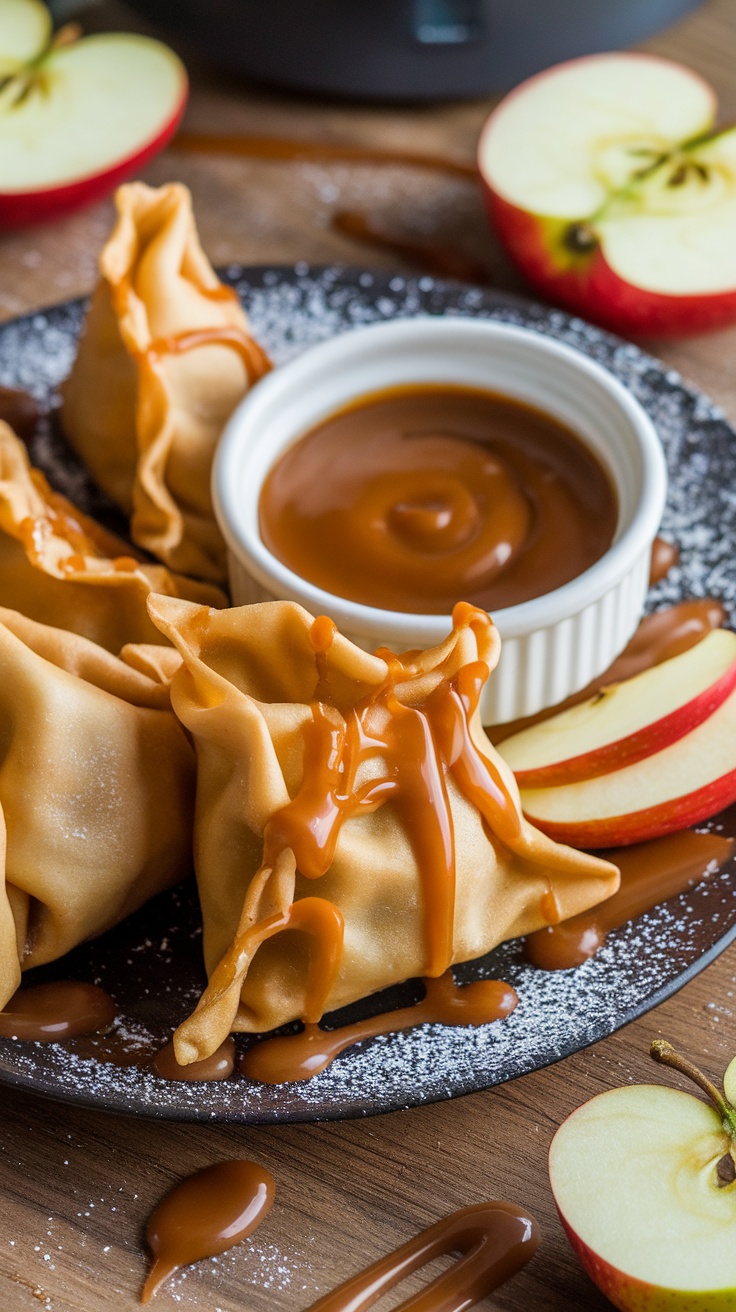 Crispy caramel apple wontons on a plate with powdered sugar and caramel sauce for dipping.